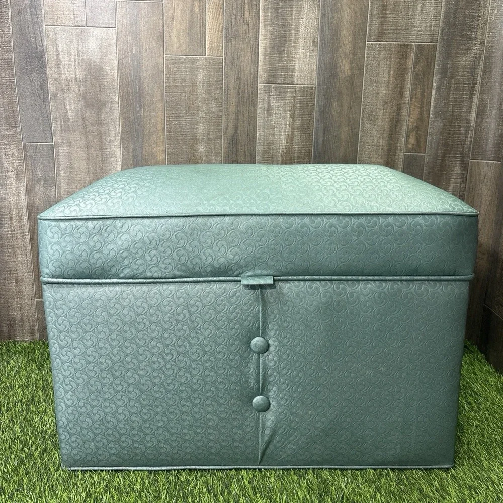 Retro MCM Storage Ottoman Foot Stool Light Blue Vinyl